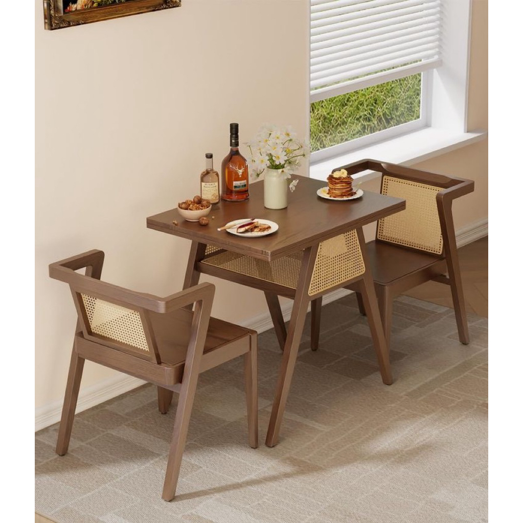 set meja cafe unik kayu jati / set kursi meja makan cafe retro kombinasi rotan minimalis kursi rotan