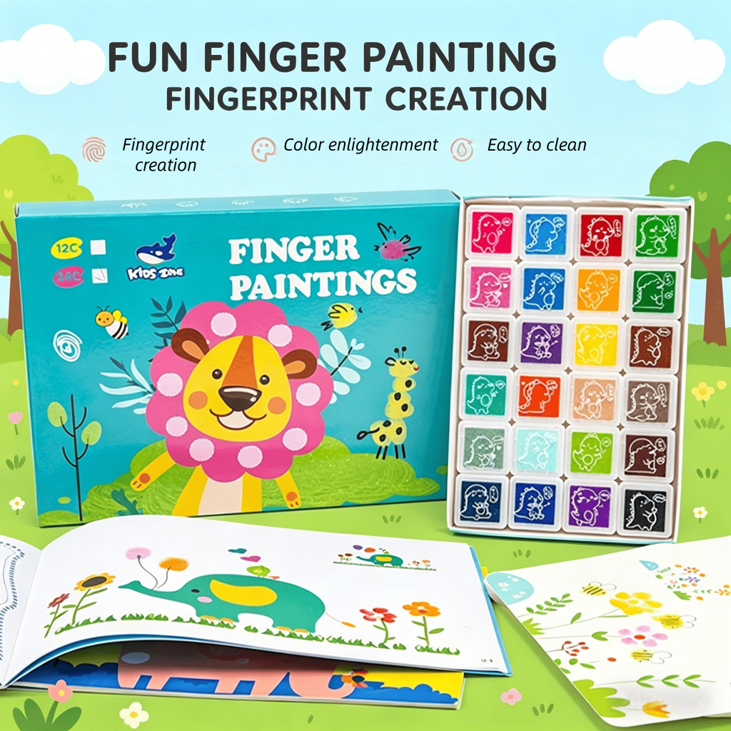 < 24H COD > Finger Paint Art Box 12/24 Warna Bantalan Tinta + Kartu Gambar + Buku Lukis, Rekam Masa 
