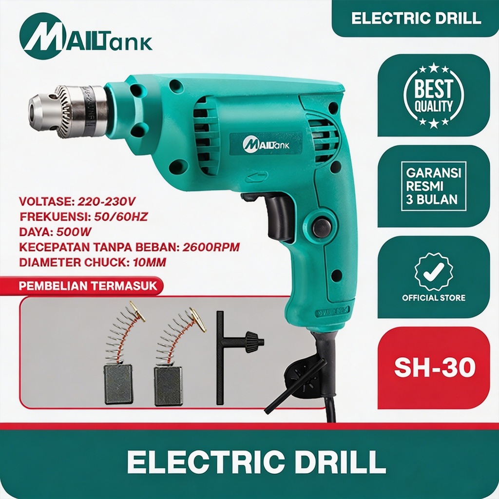 Mailtank SH30 Mesin Bor Listrik 10mm untuk Bor Tembok, Kayu, dan Besi
