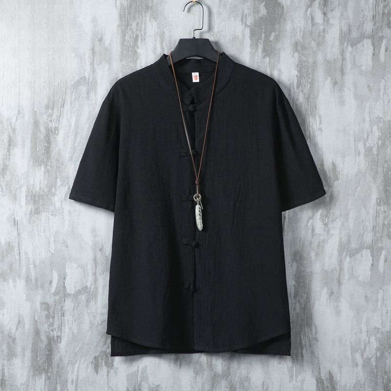 Men's Linen Chinese Style Short Sleeve Embroidered Loose Cotton Linen Shirt