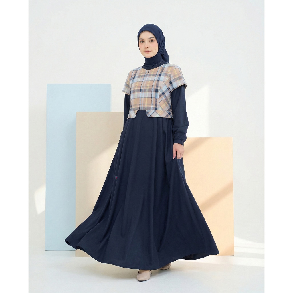 MUTIF Pasangan Couple Dewasa Nagita Naseer Navy Beige Koko Tangan Pendek Gamis Kotak Kotak Stylish P