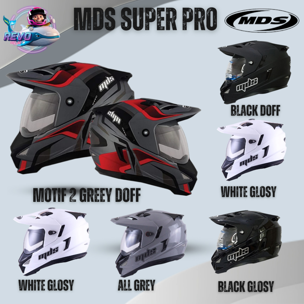 MDS SUPER PRO HELM FULL FACE SUPERMOTO DOUBEL VISOR SOLID / MOTIF PRIA & WANITA DEWASA ORIGINAL SNI