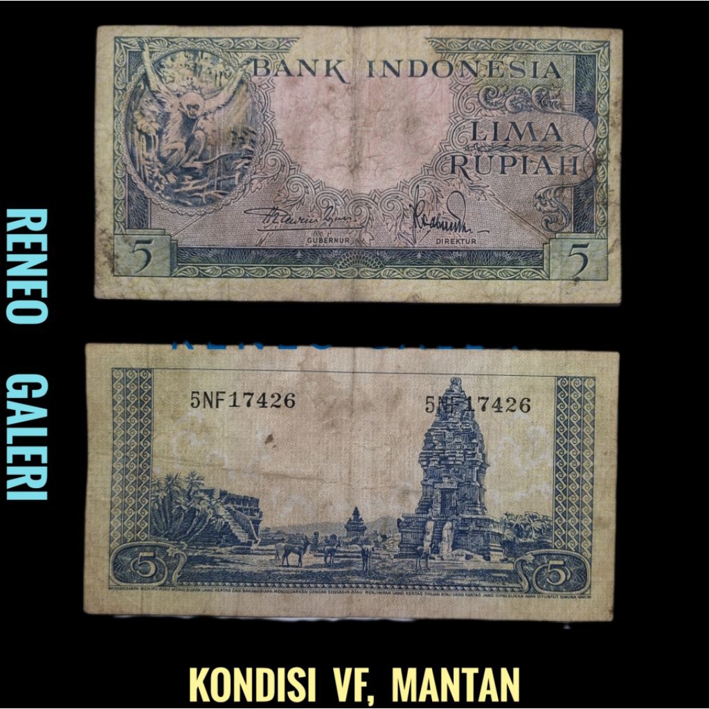 VF 5 Rupiah Seri Hewan Tahun 1957 Rp Monyet gantung uang kertas kuno Indonesia duit lama jadul asli 