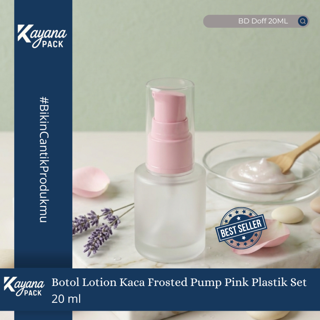 BOTOL FOUNDATION KACA FROSTED DOFF 20ML PUMP PINK  SET / BOTOL LOTION KACA DOFF 20 ML PUMP PINK SET 