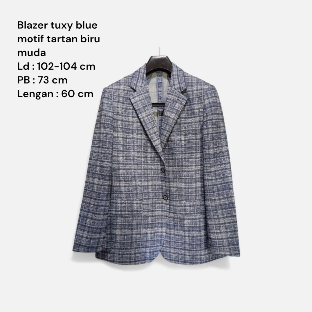 blazer casual unisex pria wanita motif tartan biru muda abstrak sz L