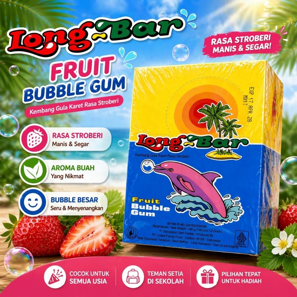 Permen Karet Long Bar Stroberi 580 gram - LongBar Bubble Gum.