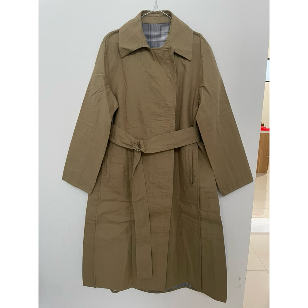 Long Coat Wanita Coksu  cream Tartan Kotak-kotak Long Coat Wanita Bolak balik