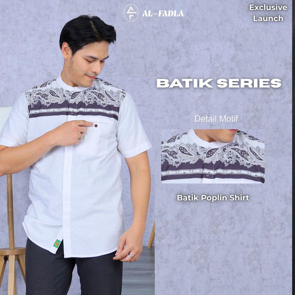 AL FADLA - Kemeja Koko Casual Pria Lengan Pendek Motif Batik Kaligrafi