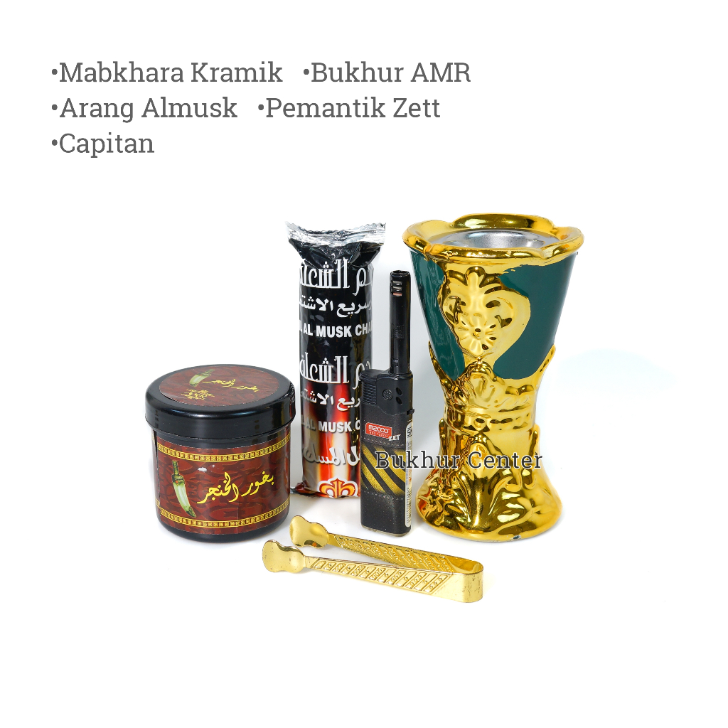 Bukhur Arab Mabkhara Paket Lengkap Dupa Arab 5 Varian Aroma dengan Tempat Dupa dan Arang serta Peman