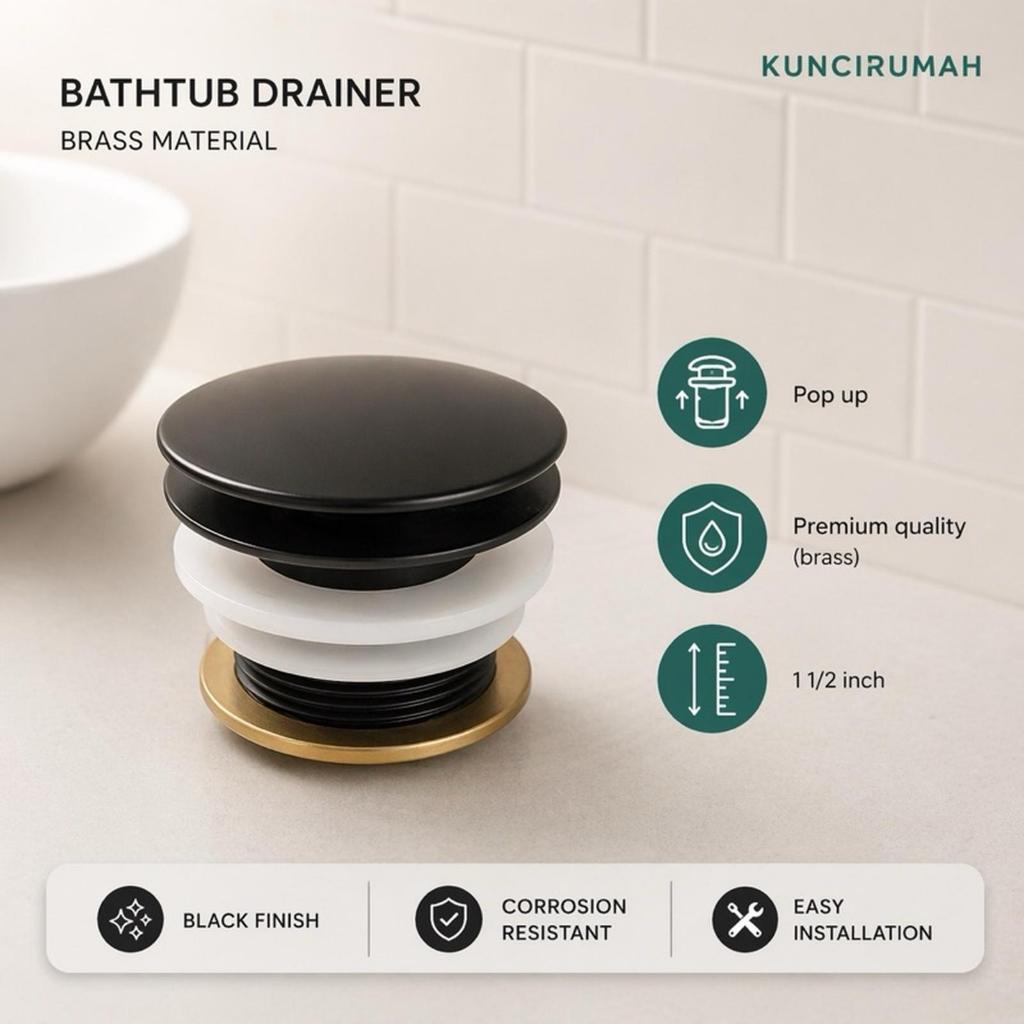 Bathtub tray hitam kuningan Afur pop up injak Avur drainer bak bath tub plug black