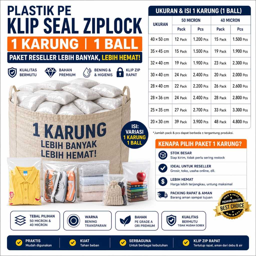 Plastik Klip Ziplock Packing Besar Baju Grosir - Paket Hemat Ziplock Tebal  1 Bal (Semua Ukuran)