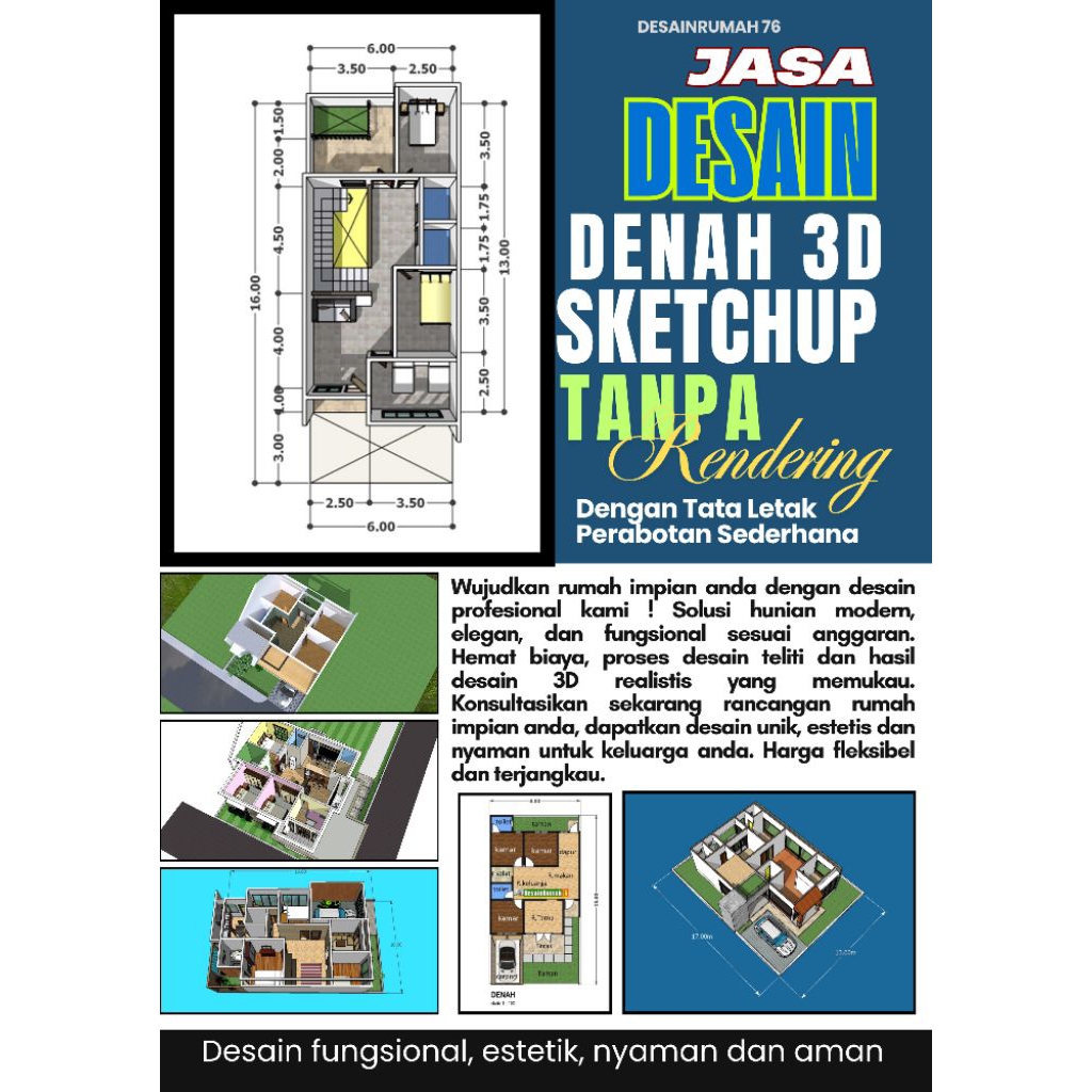Jasa desain denah 3D sketchup non rendering, desain 3d rumah, denah rumah minimalis, jasa desain 3d 