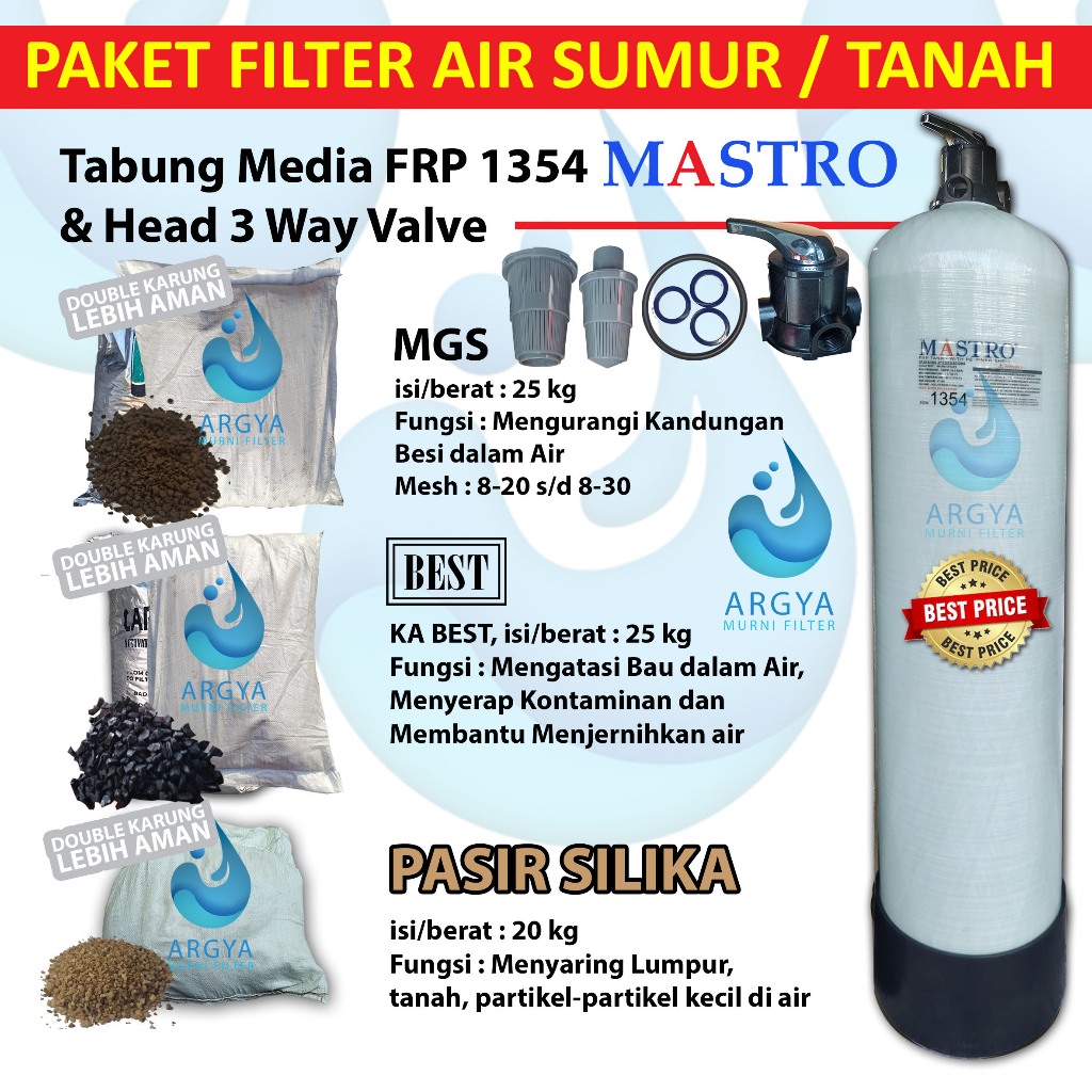 Paket Filter Air Tanah atau Sumur 1 Tabung Media FRP 1354 + Head 3 Way Valve + PS + KA + MGS/MZ untu