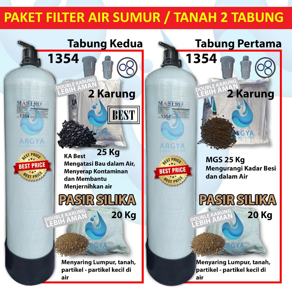Paket Filter Air Tanah atau Sumur 2 Tabung Media FRP 1354 + 2 Head 3 Way Valve + 2 PS + 2 KA + 2 MGS
