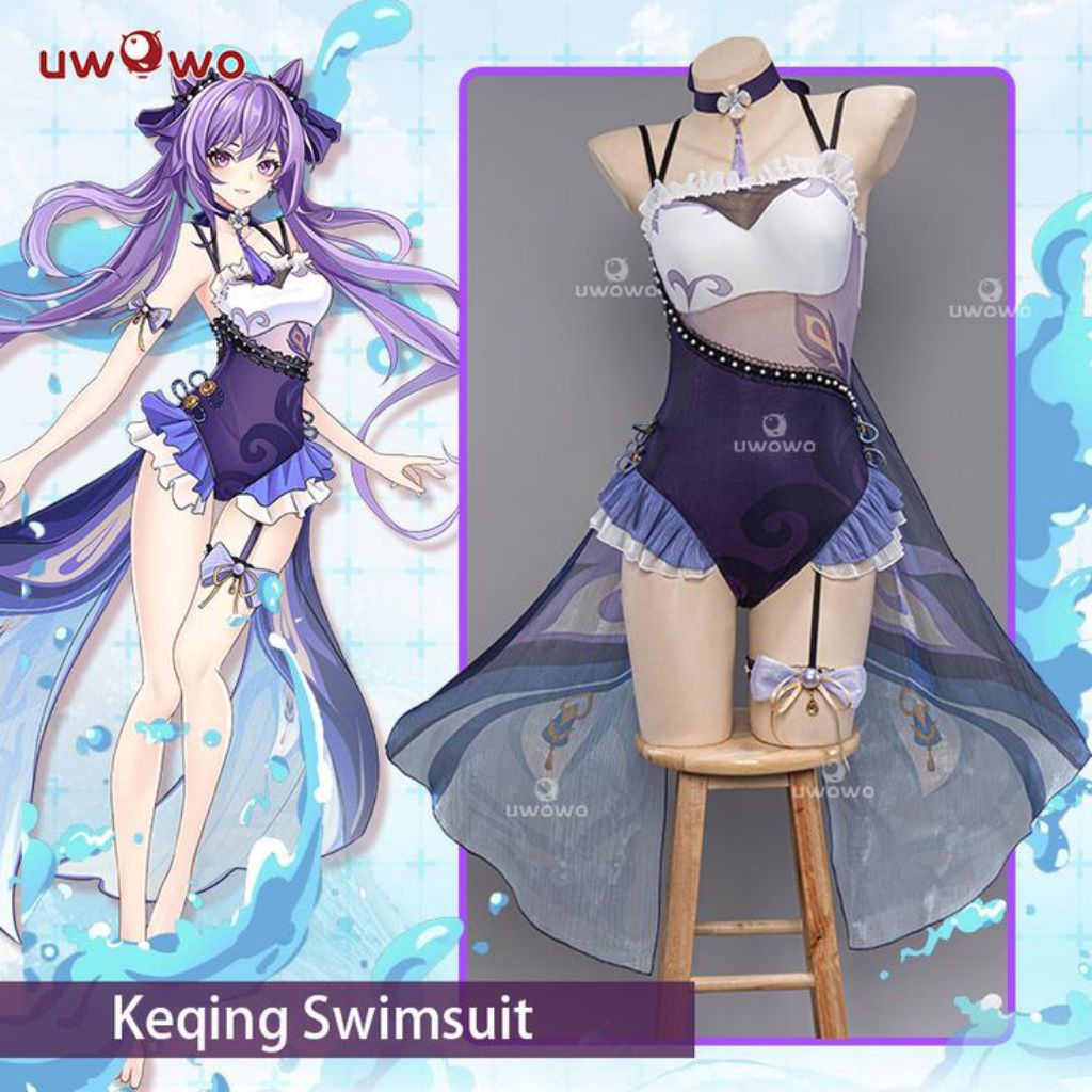 READY Fullset Costume Wig Keqing Swimsuit Genshin Impact Cosplay