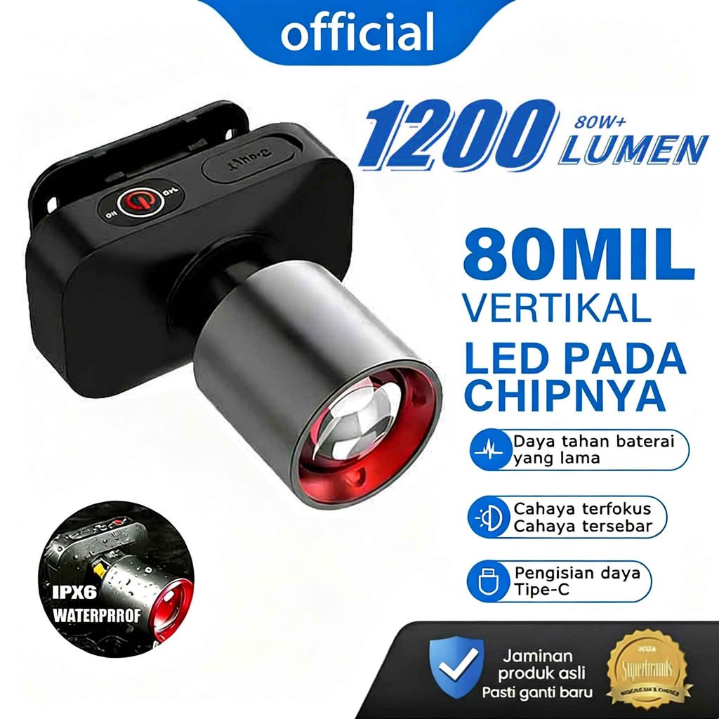 Senter Kepala LED YESQ dengan Cahaya Super Terang, Tahan Lama, dan USB Type-C