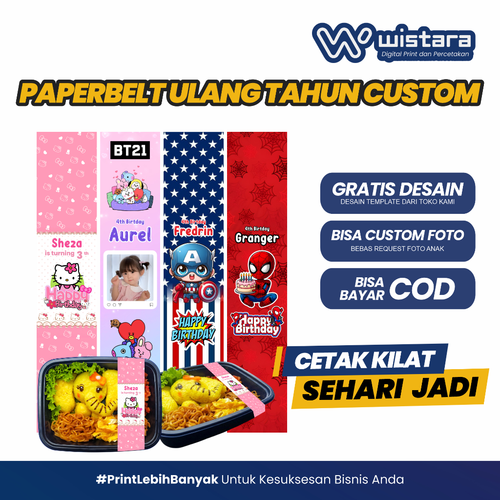 Cetak Paper Belt Bento Box Ulang Tahun | Label Snack Wrap Kertas Custom Birthday Desain Sendiri