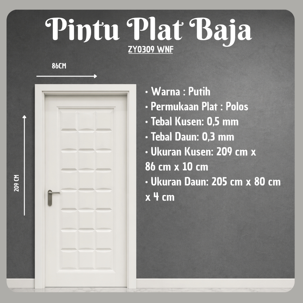Pintu Baja ZY0309 WNF Putih Minimalis – Kuat, Kokoh, Anti Rayapintu baja, pintu plat baja, pintu rum