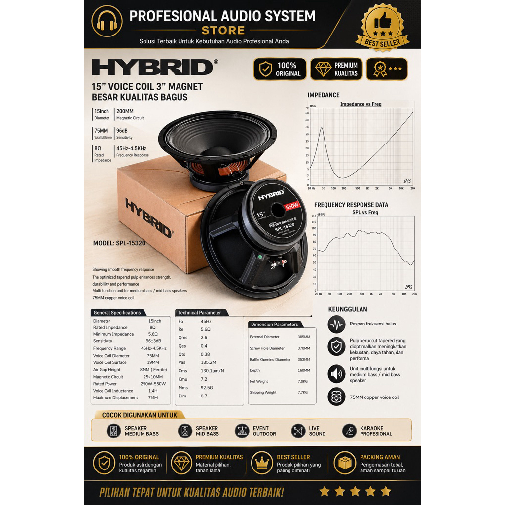 SPEAKER KOMPONEN HYBRID 15INCH VOICE COIL 3INCH SPL-15320 SPL15320 SPL 15320 ORIGINAL HYBRID