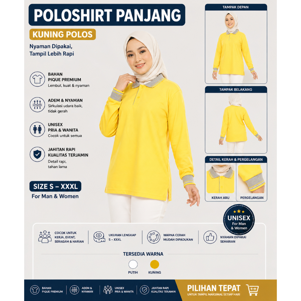 Kaos Polo Panjang Unisex Kuning Kenari Polos | Kaos Kerah Lengan Panjang | Poloshirt Nyaman