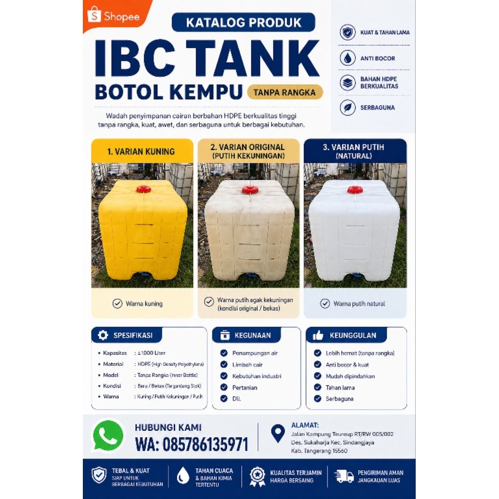 Botol kempu/tandon air 1000L (tanpa kerangka)