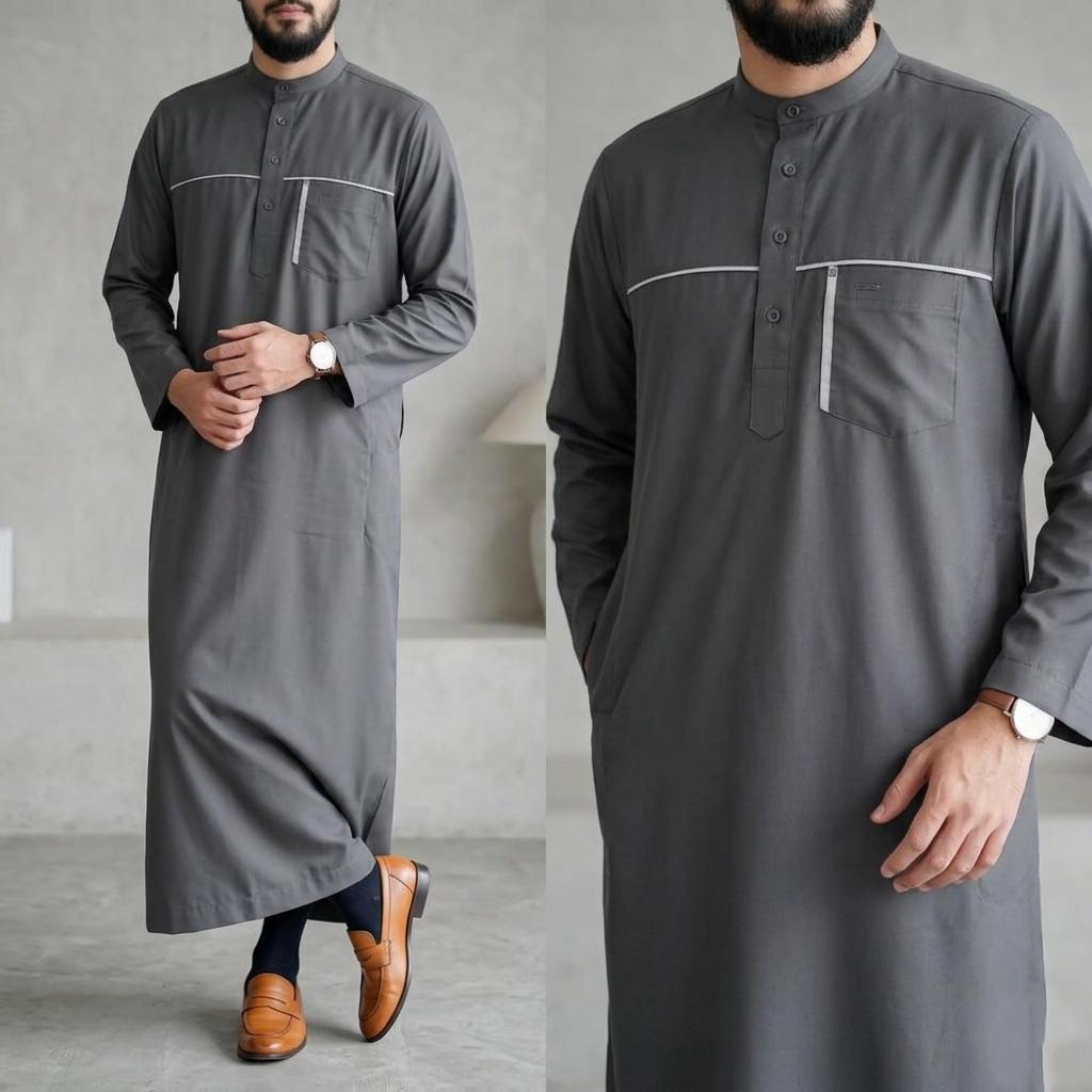 MOTAZ Jubah Gamis Pria Motif Lengan Panjang Bahan Katun Toyobo Kerah Shanghai Jubah Muslim Panjang B