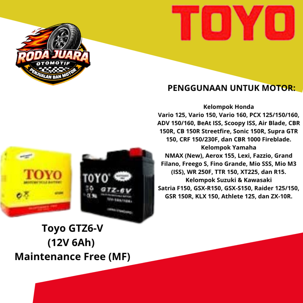 Aki Motor Toyo GTZ6V 12V 5Ah Aki Kering Vario PCX Beat ISS Sonic Satria FU Starter Kuat Original