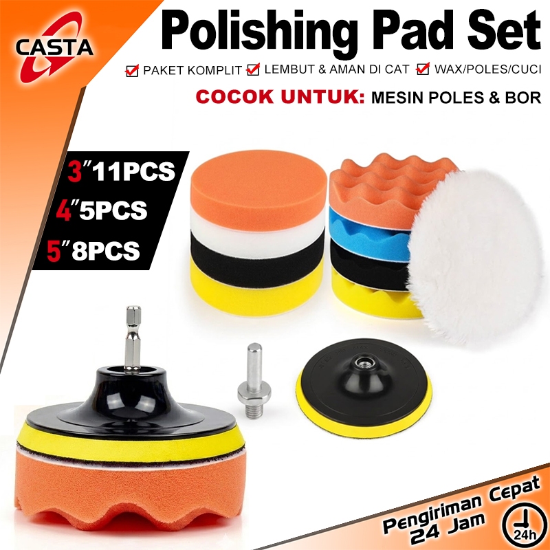 CASTA Spons Poles Mobil Motor 3 4 5 Inch Set 11 Pcs 5 PCS 8 PCS Bantalan Busa Pemoles Wol Backing Pa