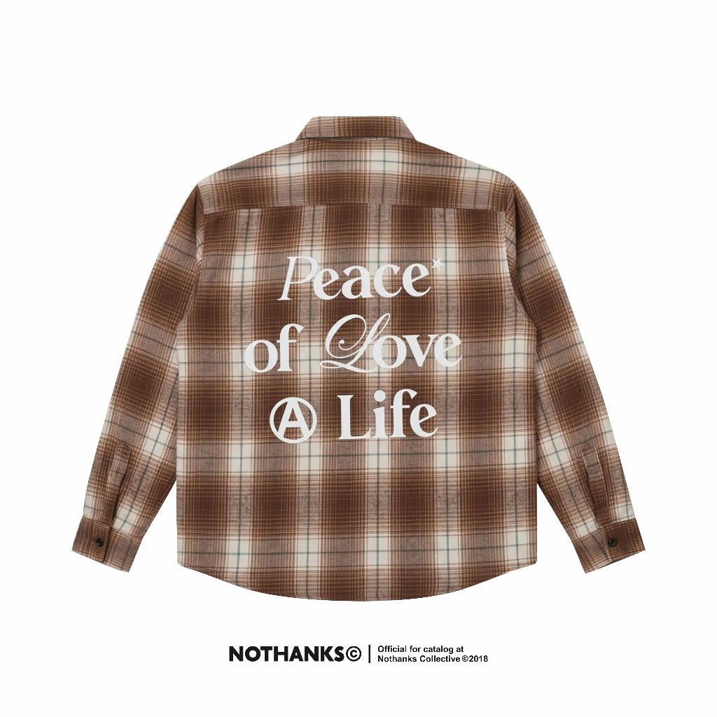 FLANEL NOTHANKS PEACE LOVE VETERANO BROWN kemeja pria wanita distro clothing skena