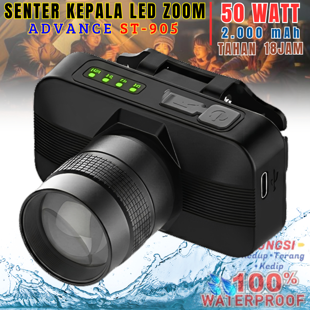 Headlamp/Senter Kepala Led Zoom 50 Watt Anti Air Advance St-905 | Promo Senter Kepala Led Super Tera
