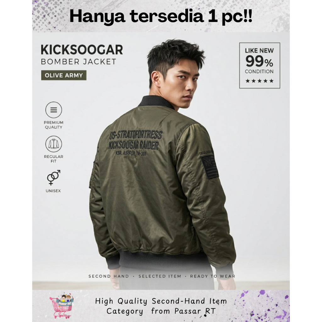 Jaket Bomber KICKSOOGAR Original Size L Olive Army Second Hand Premium 99% Like New Unisex Jacket St