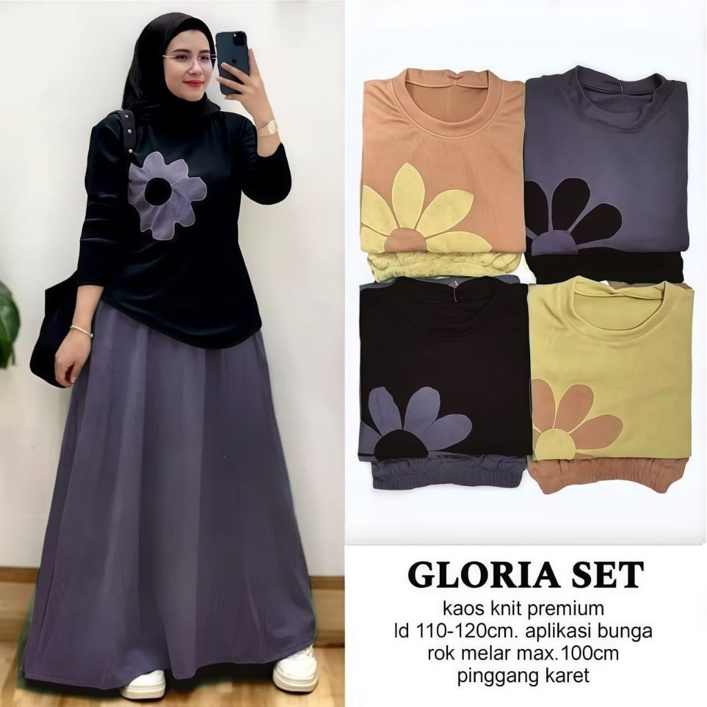 Setelan Rok Gloria Bahan Knit Premium LD 110-120cm PJ Rok 90cm Melar Kekinian Trendy Muslim Wanita