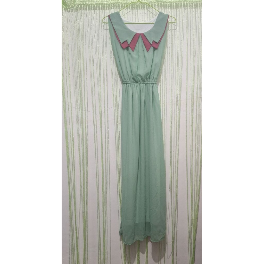 dress wanita hijau mint pink tanpa lengan, dress pesta