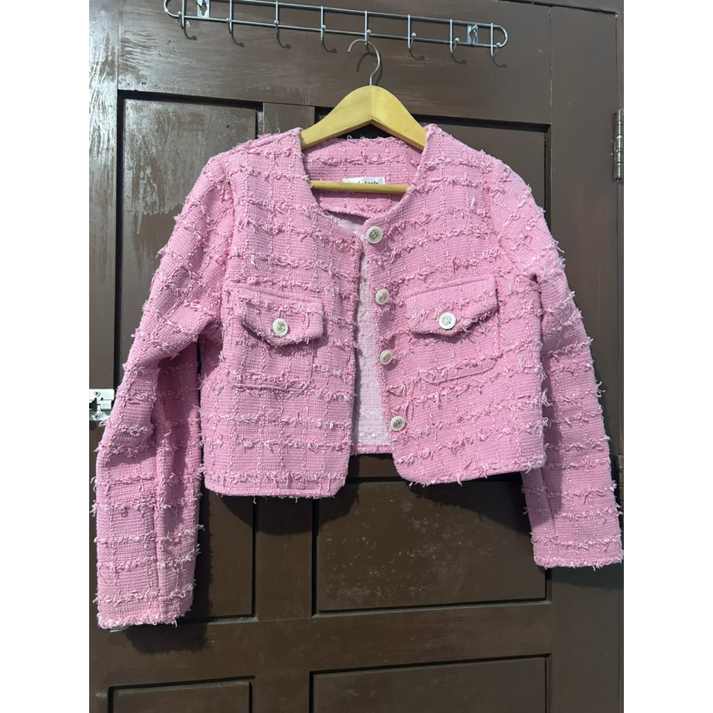 Atasan Blazer Tweed Wanita BKK Jacket Crop Top Blazer Tweed Pink Lengan panjang Hijab friendly