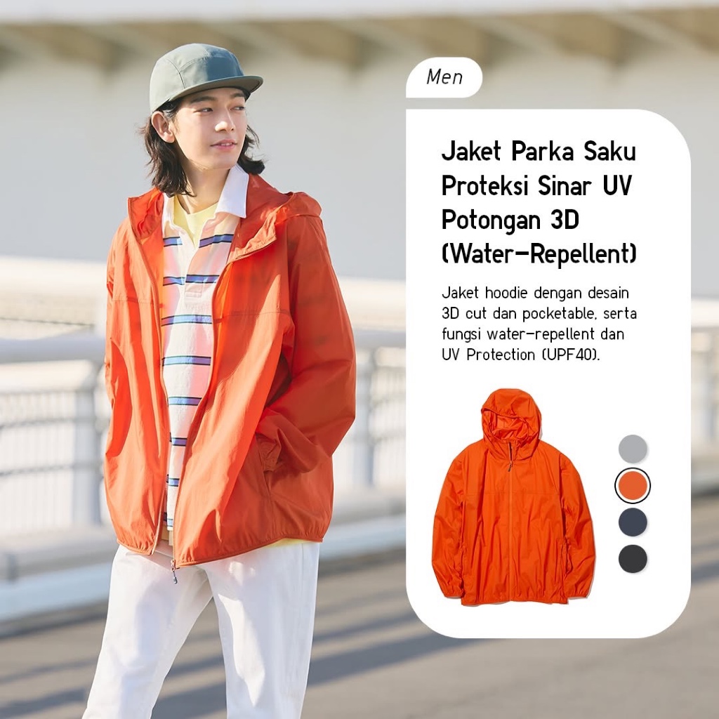 Jaket Pria Uniqlo Parka Saku Proteksi Sinar UV Potongan 3D Water Repellent Jacket Pocketable Origina