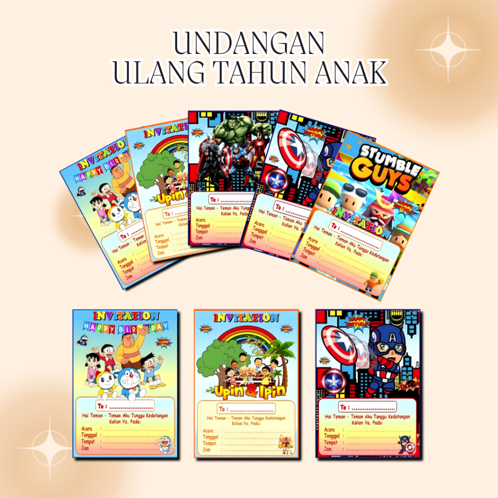 Kartu Undangan Ulang Tahun Anak Karakter Kartun Custom Doraemon Upin Ipin Avengers Stumble Guys Isi 
