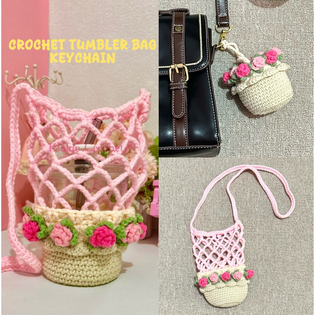 Tas Tumbler Keychain / tas tumbler rajut mawar / tas rajut mawar / tumbler bag keychain