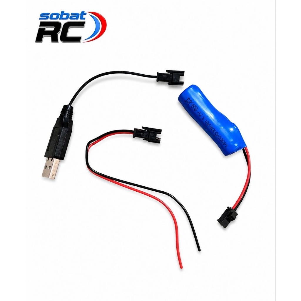 Baterai RC 3.7V 500mAh + Kabel Charger USB + Kabel Connector ke PCB (Siap Pakai)