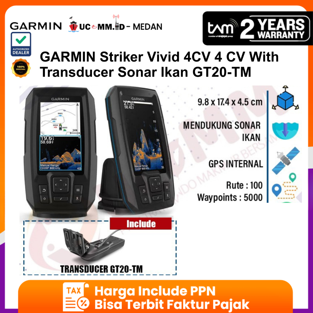 Garmin Striker Vivid 4CV 4 CV With Transducer GT20-TM Sonar Alat GPS Pelacak Ikan Fishfinder