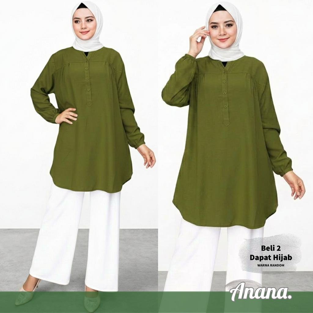 Baju Atasan Kemeja Blouse Wanita Dewasa Busana Muslim Army Tua