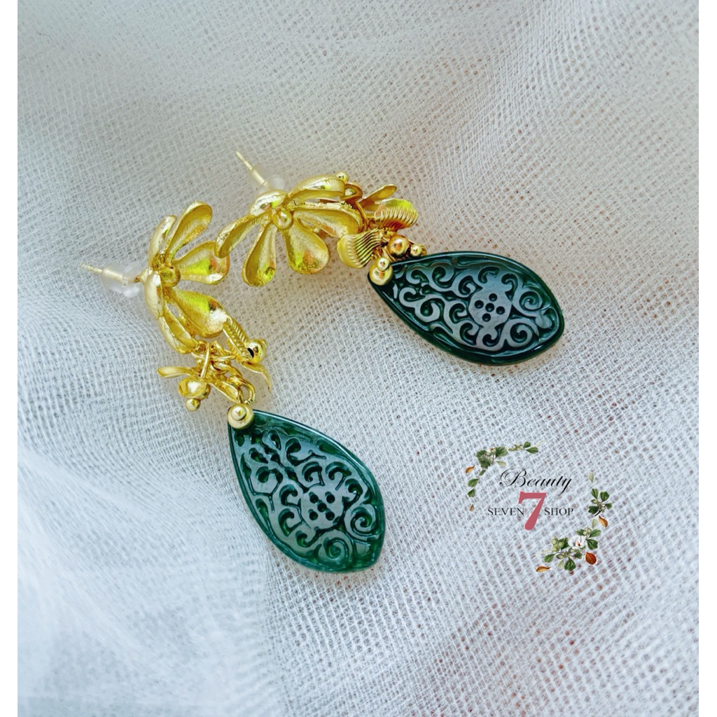 Anting Pesta Giok Asli/ Earring Natural Jade Carving Teardrop/ Anting Sangjit Tunangan Wedding Giok