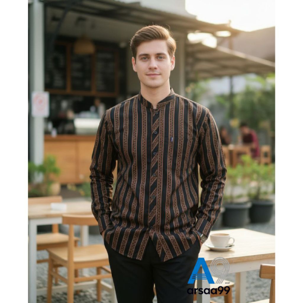 ARSAA99 BAJU KOKO ADAT JAWA MOTIF LURIK SURJAN PRIA DEWASA KERAH SANGHAI &BATIK LENGAN PANJANG