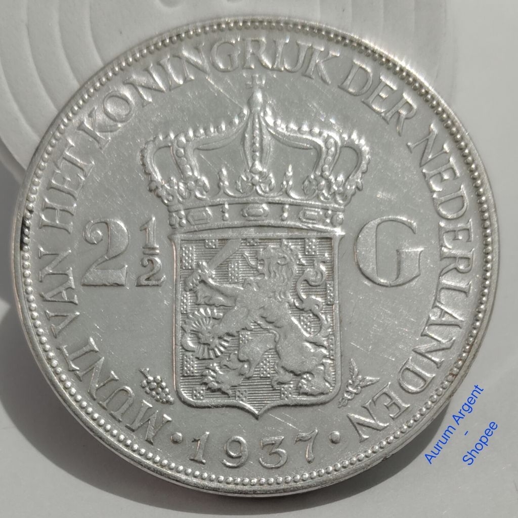 H2.5G.7-- 1 PC KOIN PERAK KUNO ASLI 2.5 GULDEN WILHELMINA TH 1937 -- SILVER COIN --