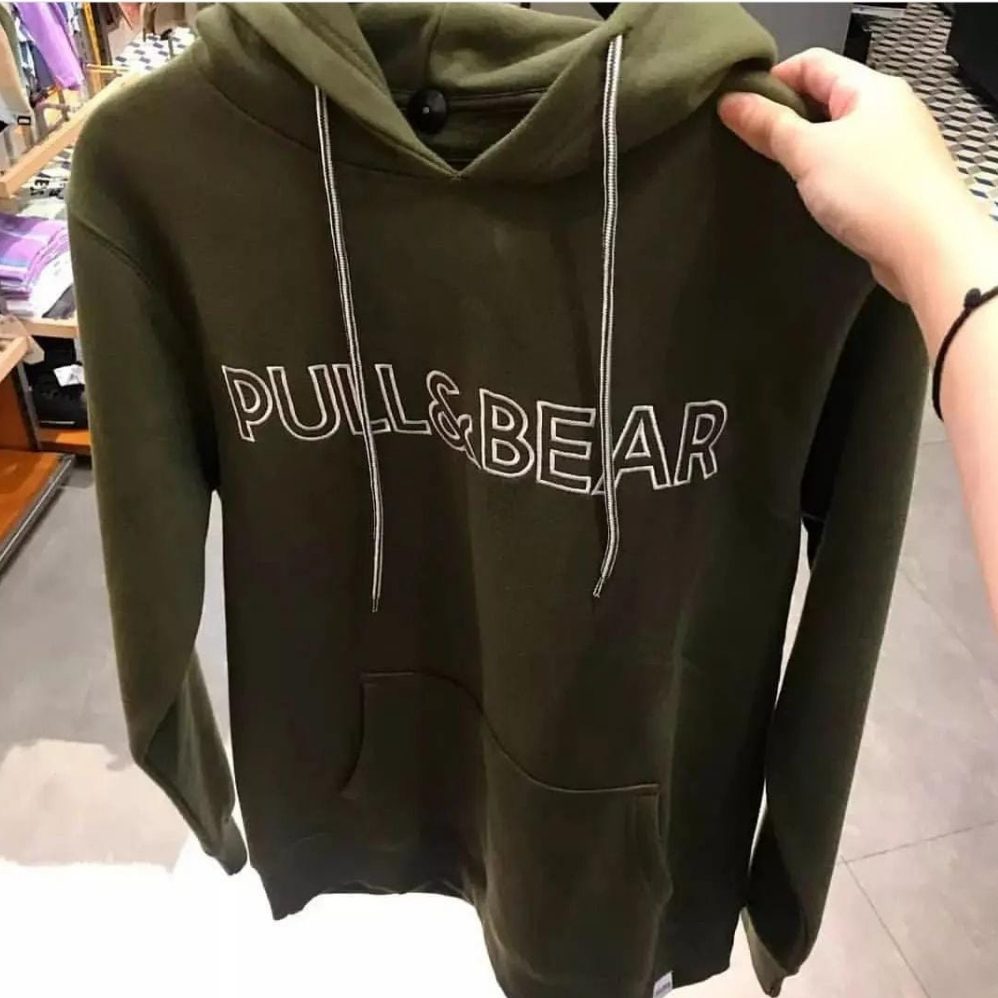 Jaket Sweater Hoodie Pull&Bear Hijau Army Logo Texs Pull Boardir Premium Unisex Bahan Flece Tebal
