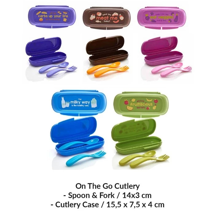 Tupperware Baby Spoon Feeding Cutlery Set Warna Coklat dengan Garpu dan Sendok Portable dengan Case 