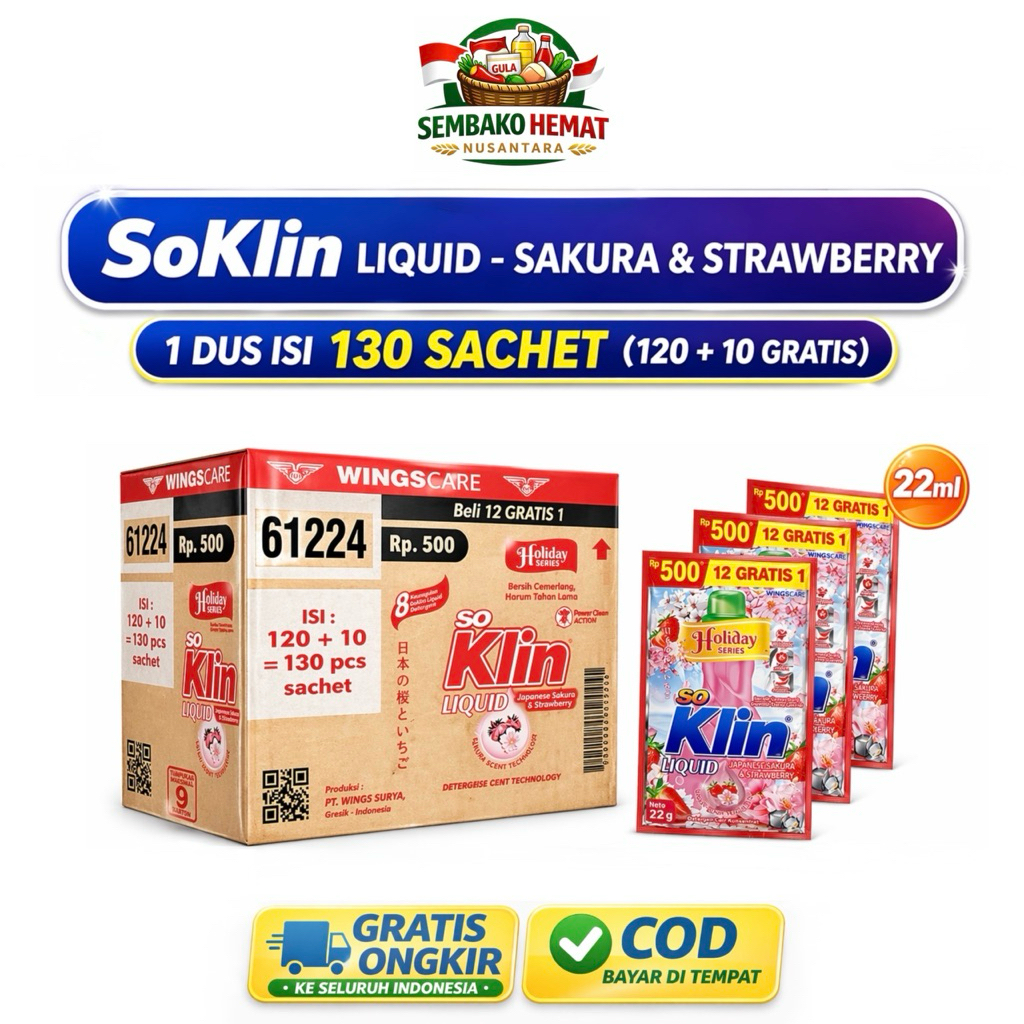 SoKlin Liquid Japanese Sakura & Strawberry 22ml 1 Dus Isi 130 Pcs (120+10 Gratis) | Deterjen Cair Sa