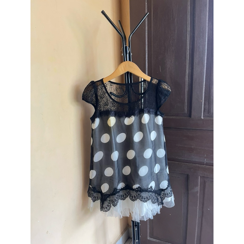 blouse dress sifon polka mix renda korean style hitam black baju atasan top wanita murah cantik