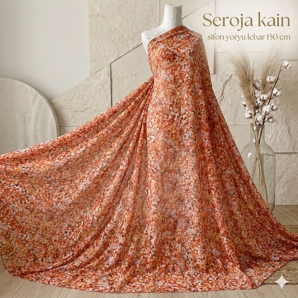 Kain Sifon Yoryu Motif Bunga Sakura / Chiffon Silk Texture Premium / Bahan Dress Gamis Blouse Metera