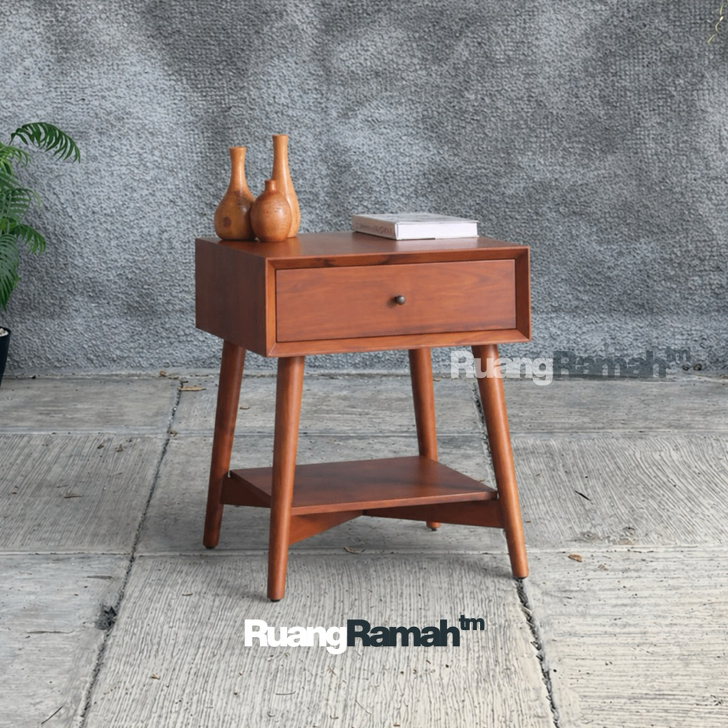 Nakas Minimalis Kayu Jati Retro | Meja Samping Tempat Tidur Mid Century | Bedside Table Laci Aesthet