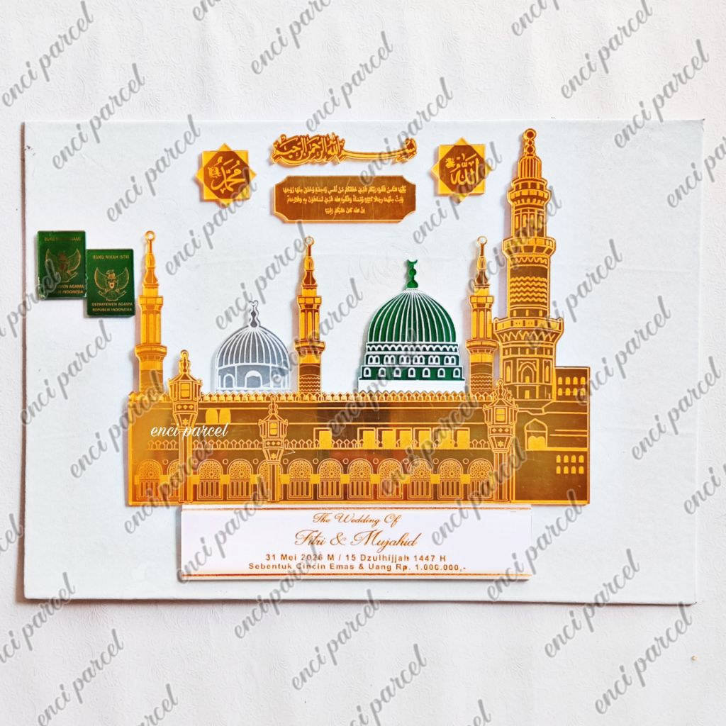 kode 327 set dekorasi mahar miniatur masjid nabawi bentuk tiang menara pintu jendela logo kubah hija
